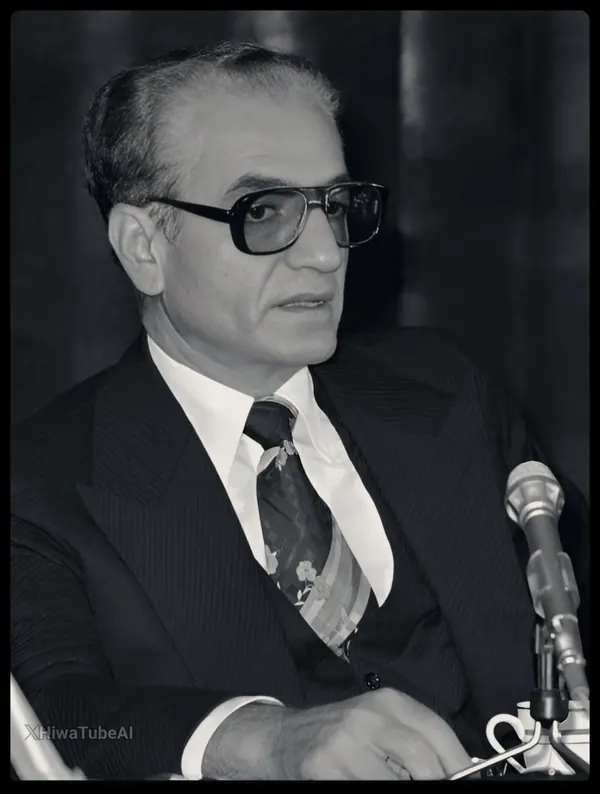 His Majesty, the Shah of Iran wearing glasses, a dark suit, and a patterned tie sits beside a microphone — a public domain photograph from The Shah of Iran archive documenting the Pahlavi era.