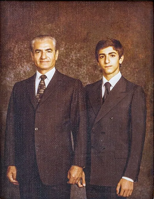 His Majesty, the Shah of Iran, and others in dark suits and ties stand side by side against a textured brown background — a public domain photograph from The Shah of Iran archive documenting the Pahlavi era.