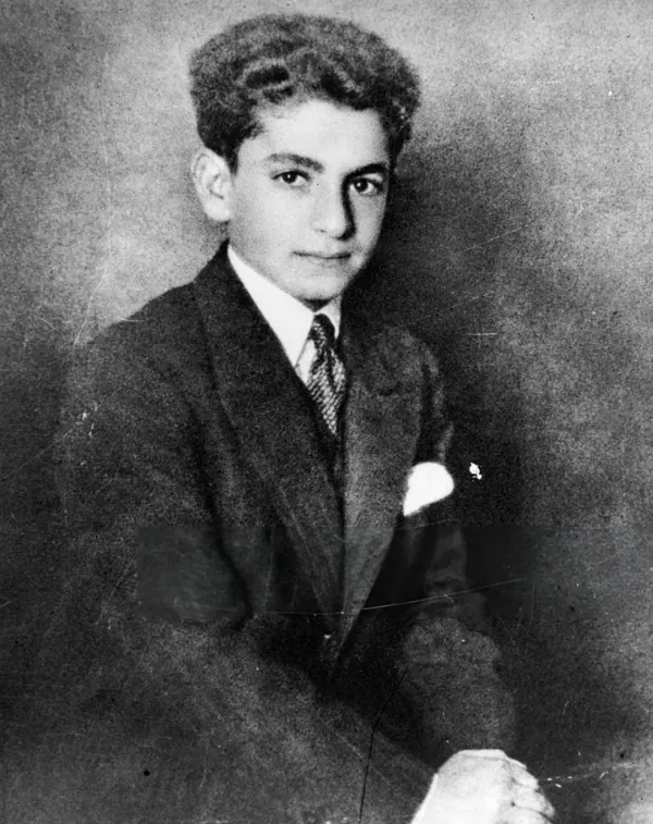 A young man with curly hair wears a dark suit, tie, and pocket square in a studio portrait — a public domain photograph from The Shah of Iran archive documenting the Pahlavi era.